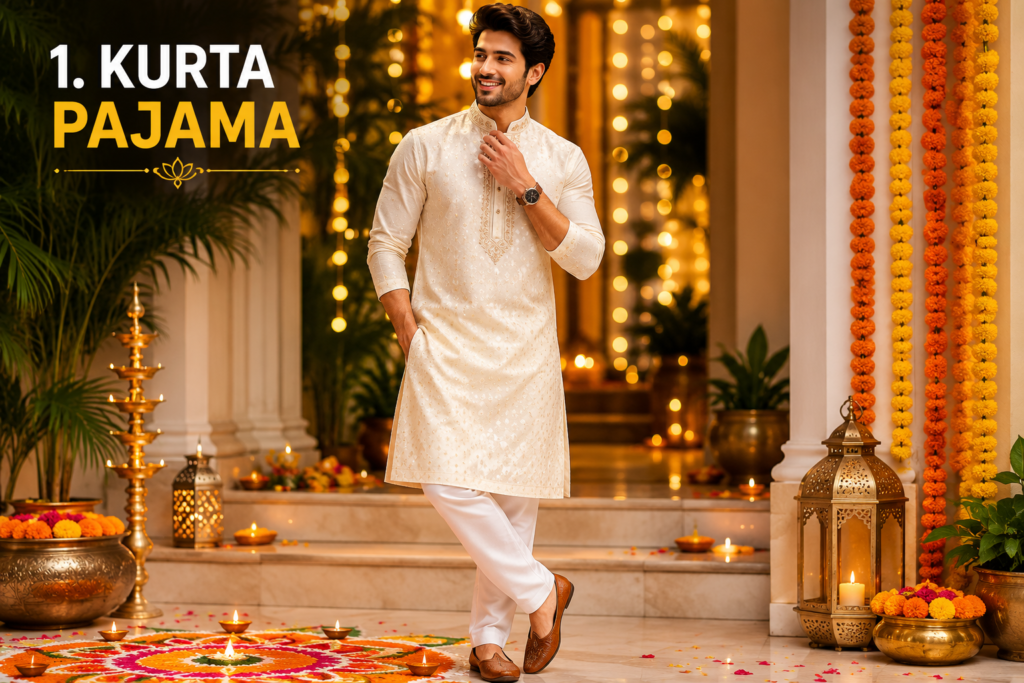 Man wearing an elegant ivory kurta pajama with traditional embroidery for Diwali celebrations.